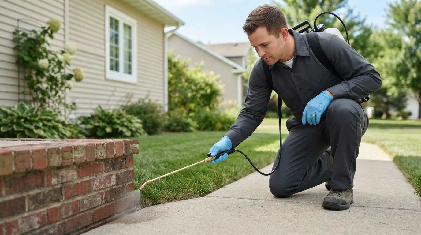Pest control technician treating a home near Ogema, WI