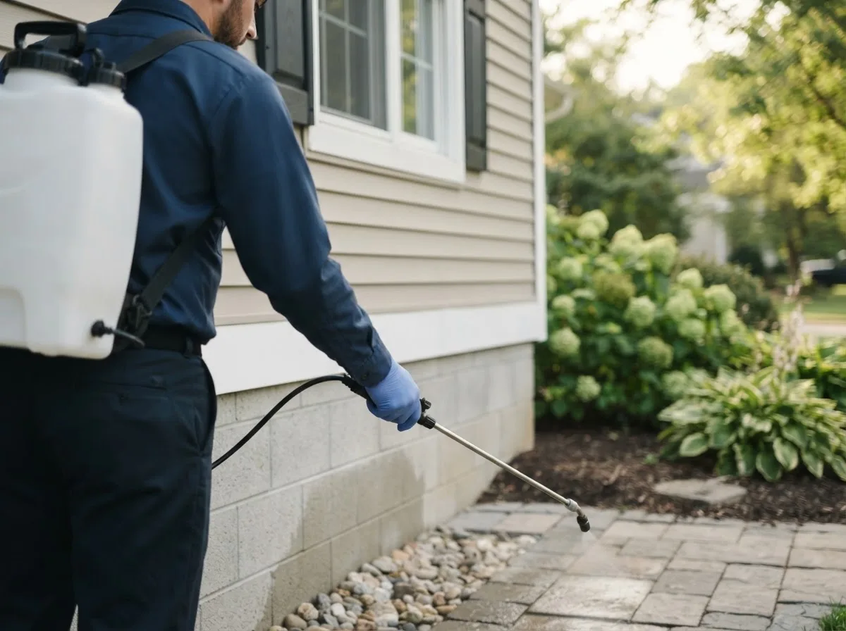 Pest control technician inspecting a home in Ogema, WI